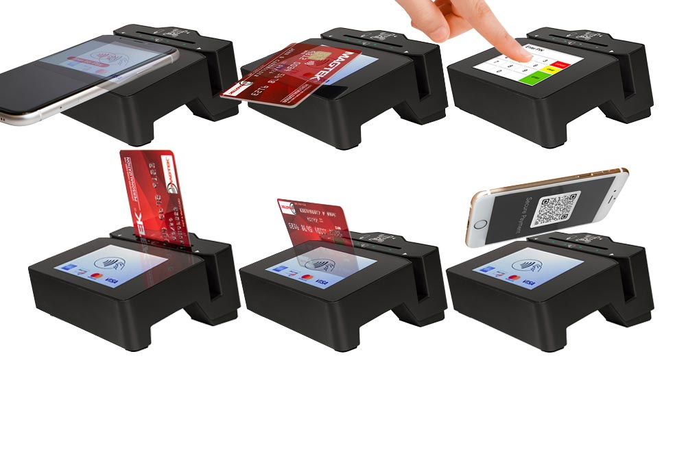 DynaFlex II / DynaFlex II PED - 
DynaFlex II delivers a large tap screen and accepts magstripe, barcode, EMV<sup>®</sup> Chip Contact, EMV Contactless, NFC and mobile wallet acceptance capabilities.